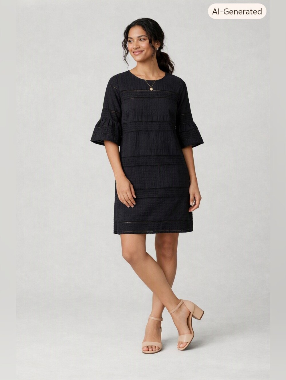 J.Crew Black Cotton Eyelet Shift Elegant Dress Ruffle Sleeve Size 8